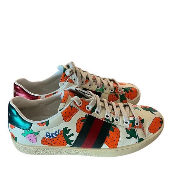 Gucci Ace Strawberry Print Leather Sneakers Low Top Web Stripe EU 37 US 7 - Picture 4 of 14